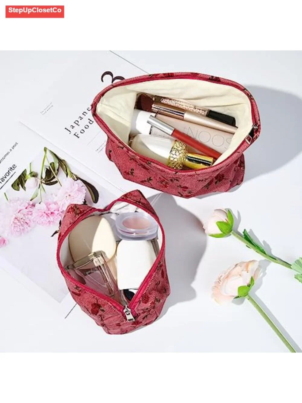 2 Pack Floral Cosmetic Bags - Large Canvas Travel Makeup Organizer with